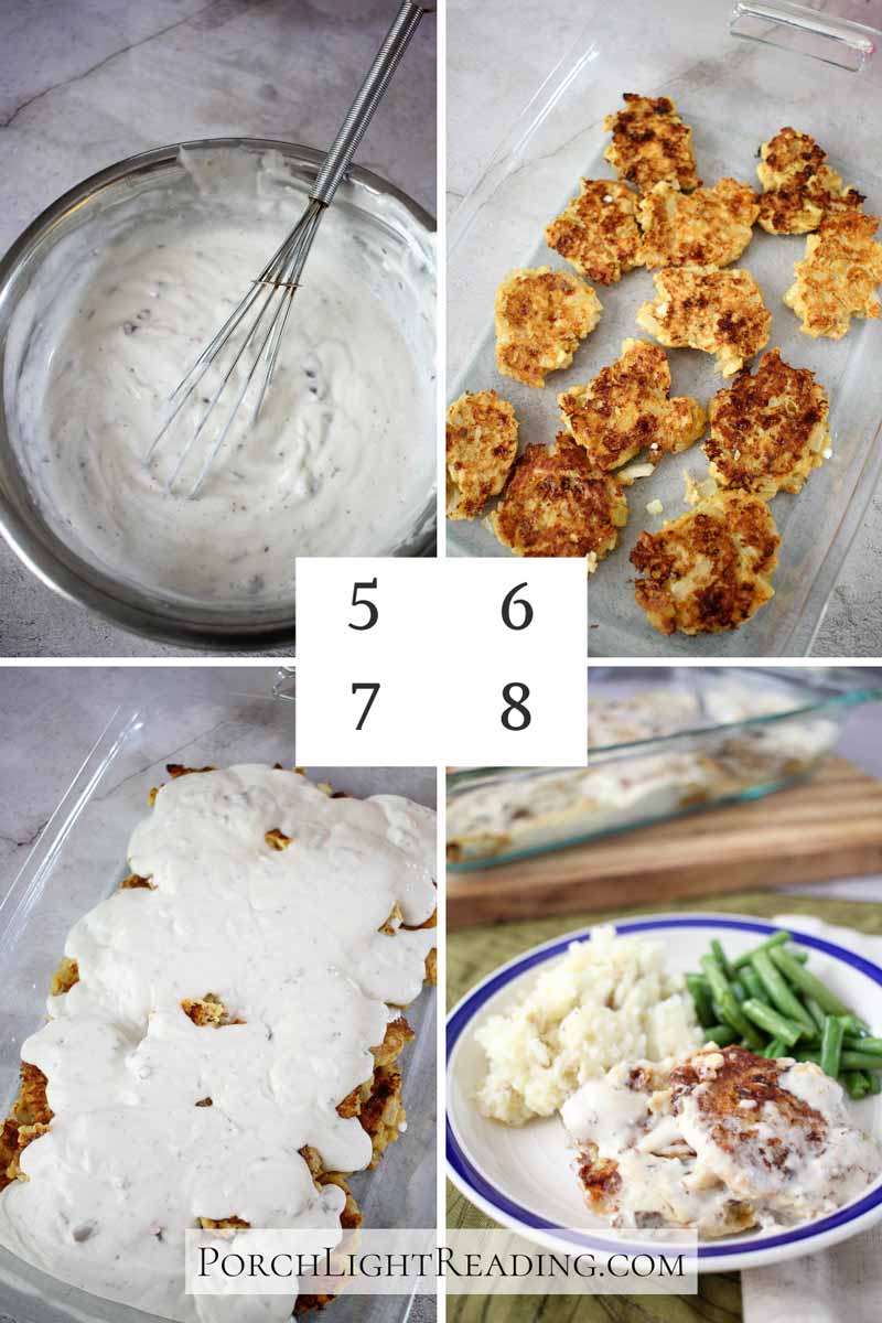 Steps 5-8. Make gravy, place browned patties into baking dish, cover with gravy, cook.
