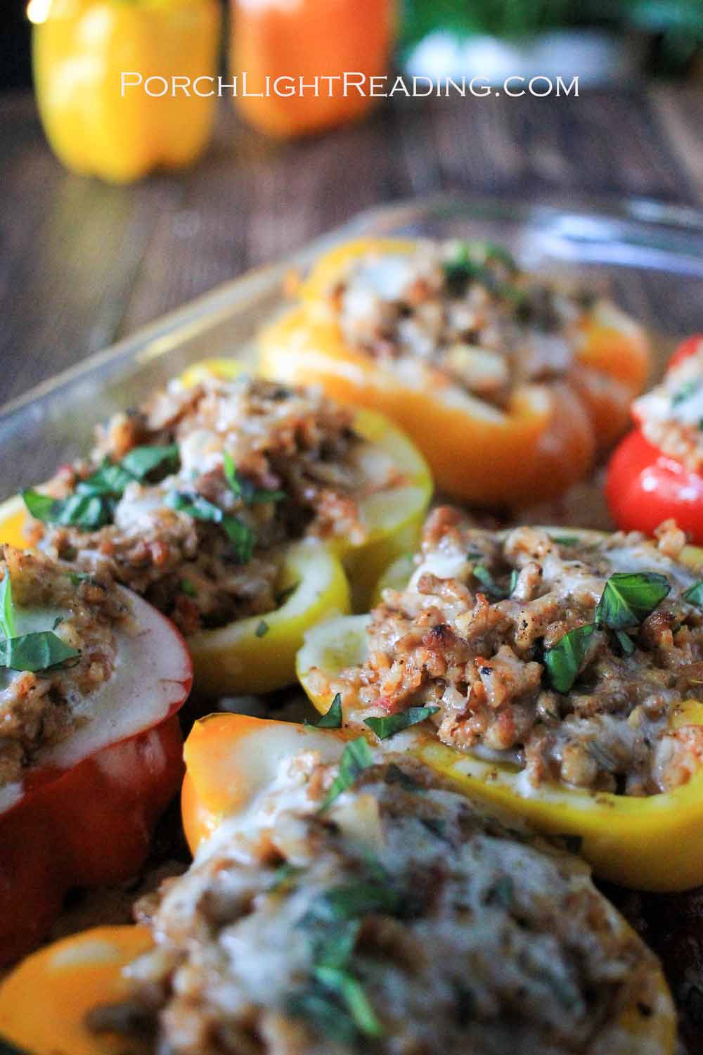 Brightly colored peppers stuffed with rice and meat.