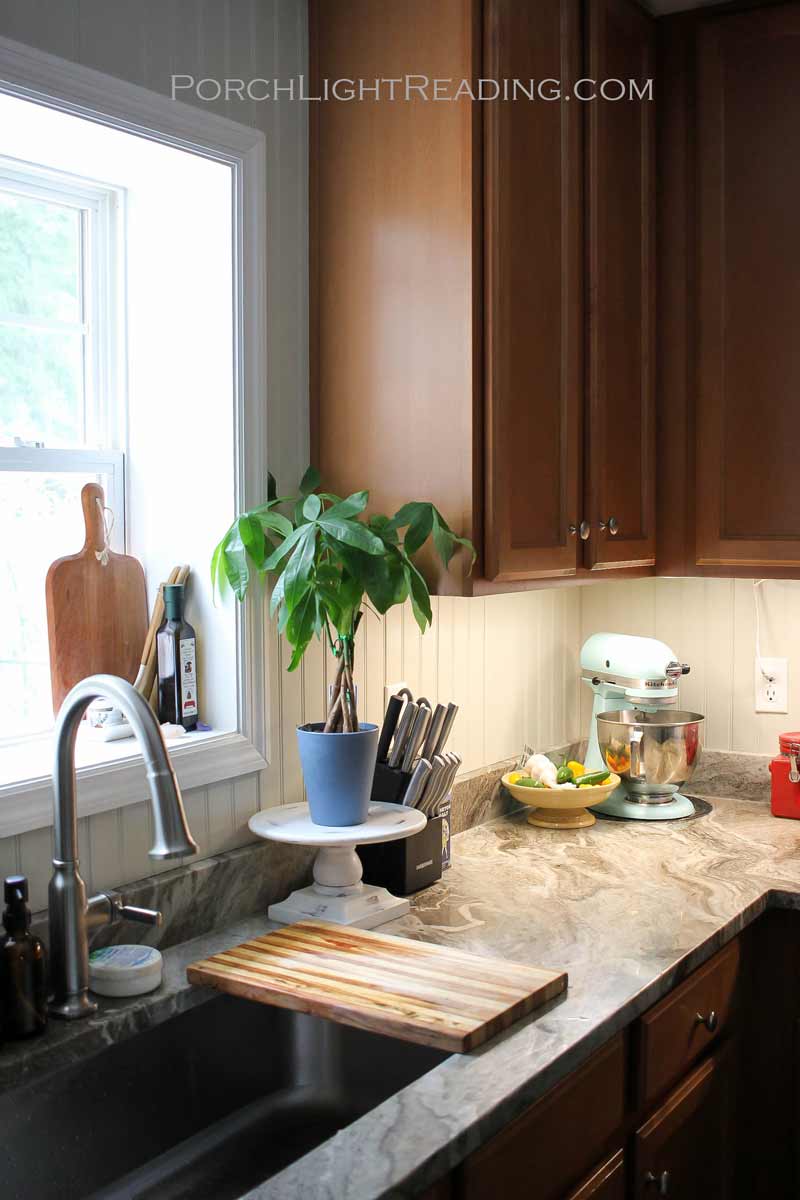 After a beadboard backsplash with gray paint.