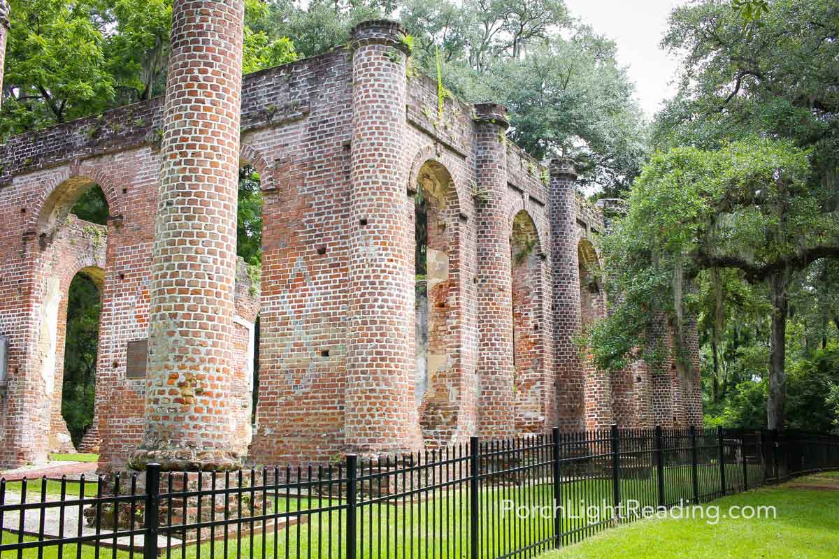 Large window archways and columns of the Old Sheldon Church Ruins.