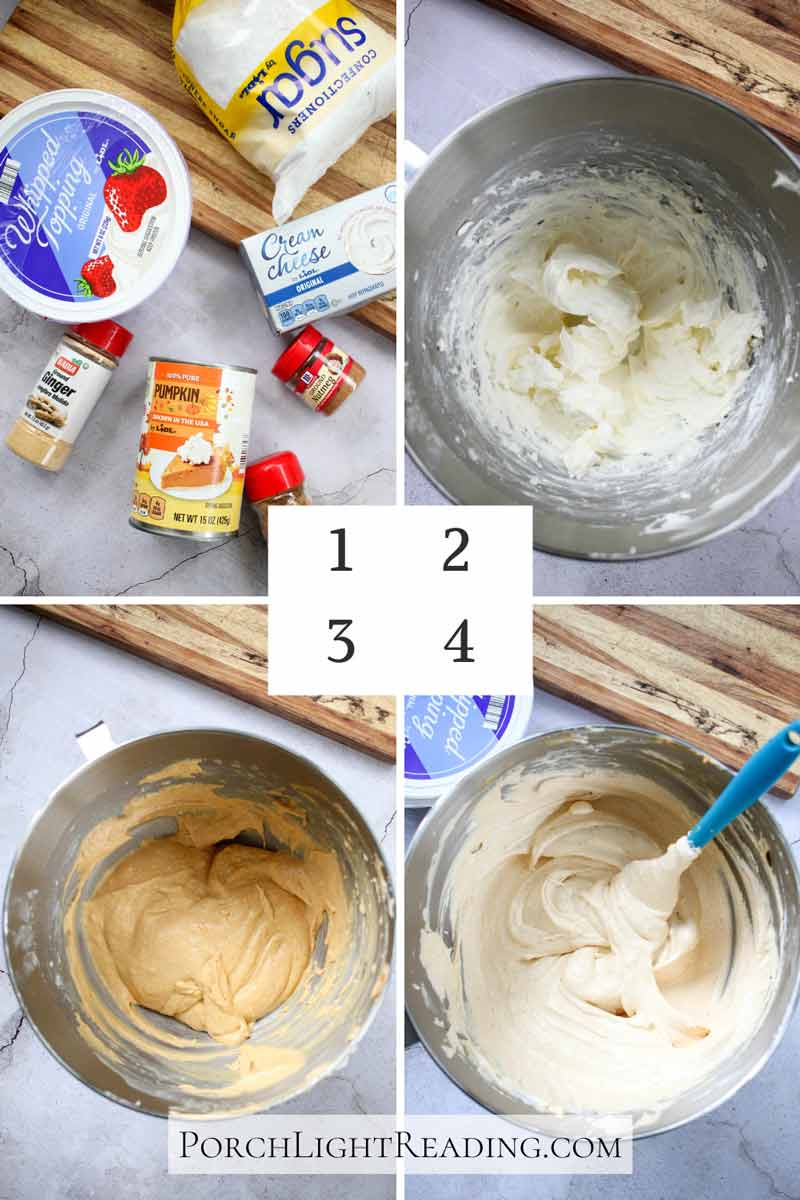 Steps 1-4 of Pumpkin cheesecake. Gather, cream together, and fold in. 