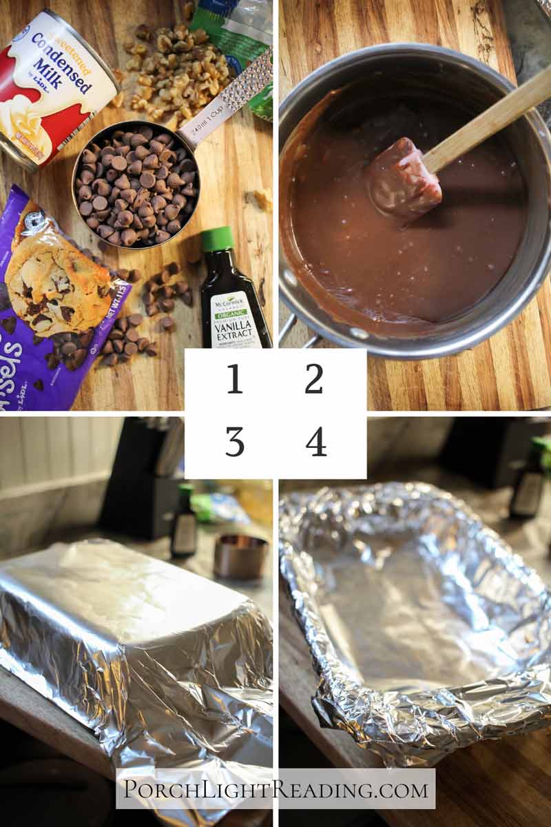 Fudge recipe steps 1-4. Including ingredients, saucepan, and tin foil. 