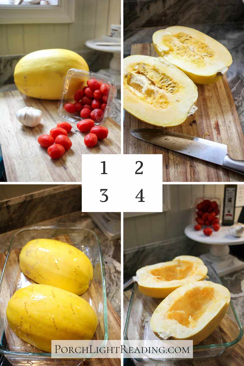 Steps 1-4. Slice and seasoning the spaghetti squash.