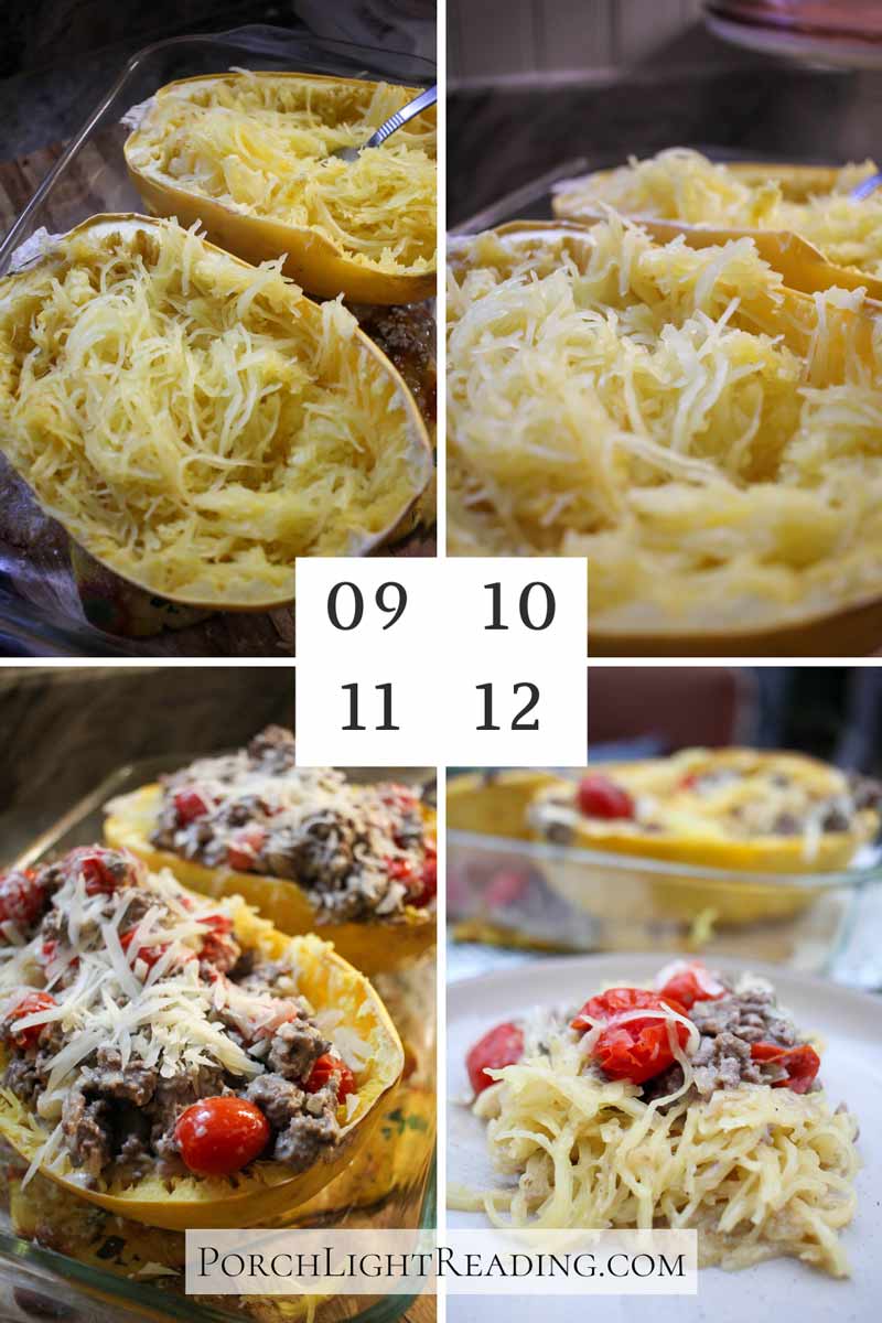 Steps 9-12 of baking the spaghetti squash. Shred and adding the beef mixture.