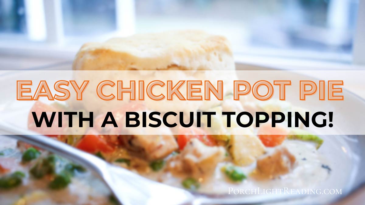 A comforting bowl of biscuit-topped chicken pot pie served on a winter evening.