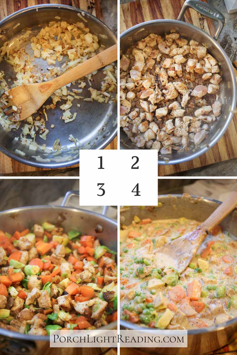 Step by step cooking directions to include cooking the chicken and adding the vegetables.