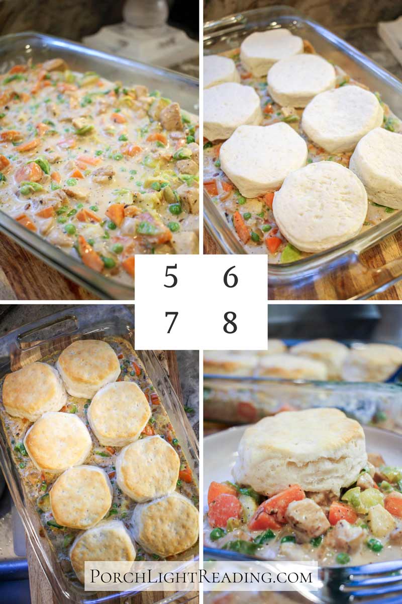 Steps 5-8 cooking directions in photo form including a creamy filling and refrigerated biscuit topping.