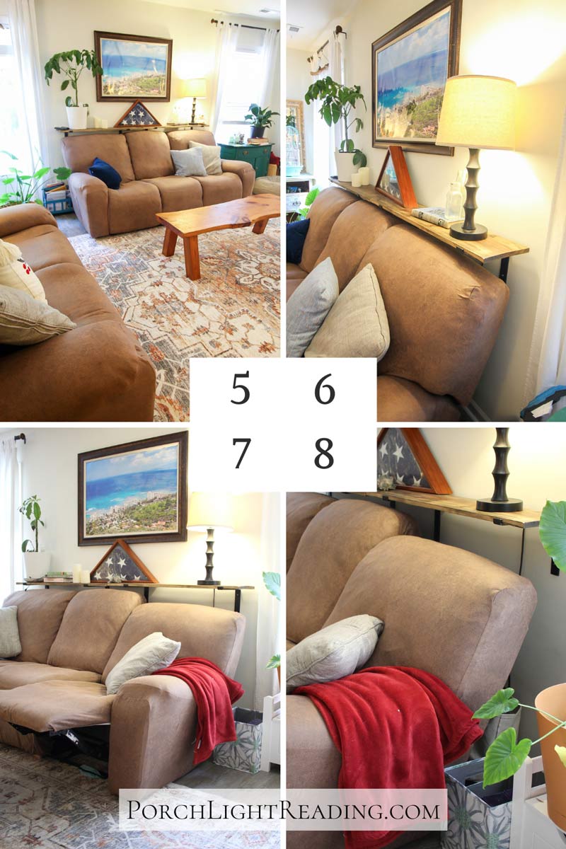 Steps 5-8 on how to make a sofa table using a shelf.