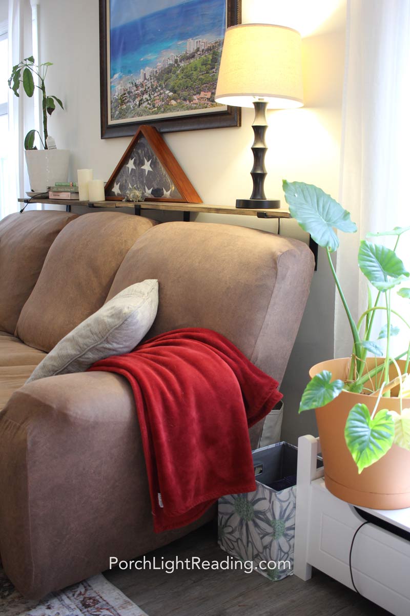 Behind the sofa table using a shelf. Hung just above the reclining sofa.