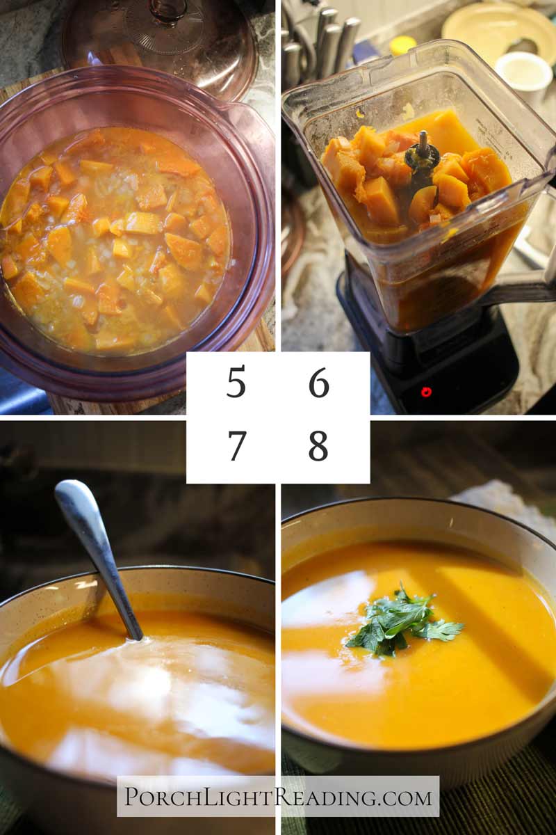 Steps 5-8 cooking directions. Simmer, blend, serve, garnish.