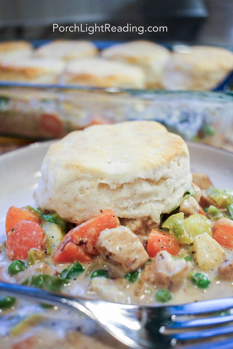 Flakey biscuit over a creamy chicken pot pie filling.