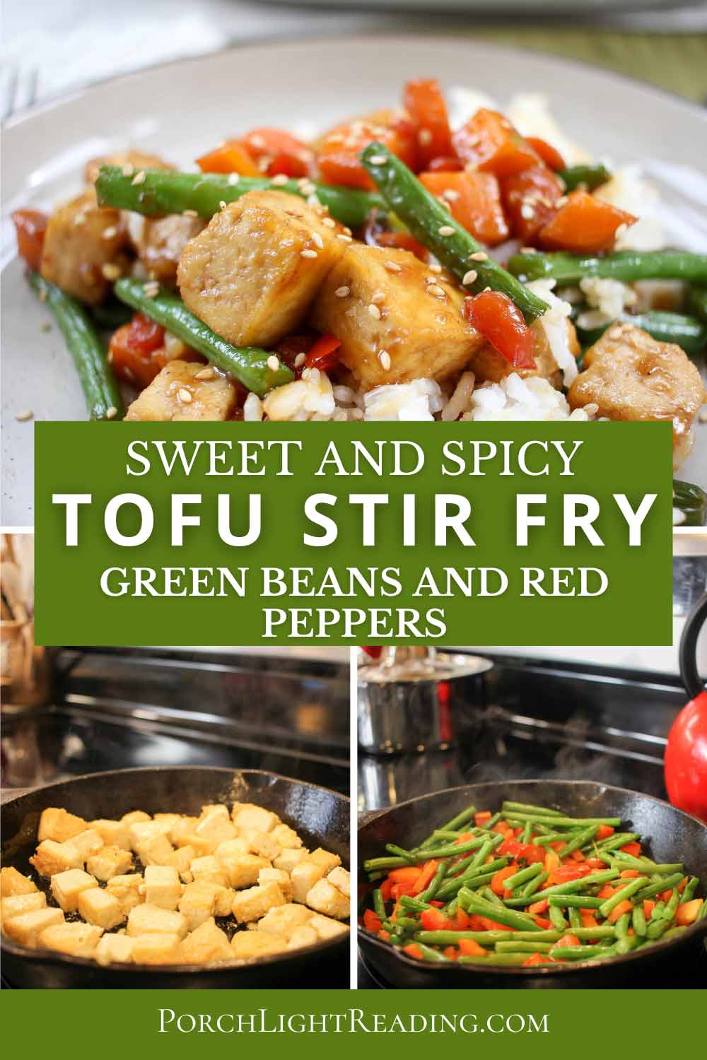 Tofu stir fry Pinterest pin with close up of tofu.