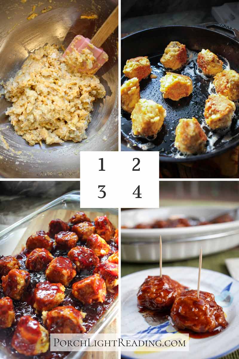 Vegetarian meatball recipe cooking directions 1-4 including mixing, frying, baking, and serving. 