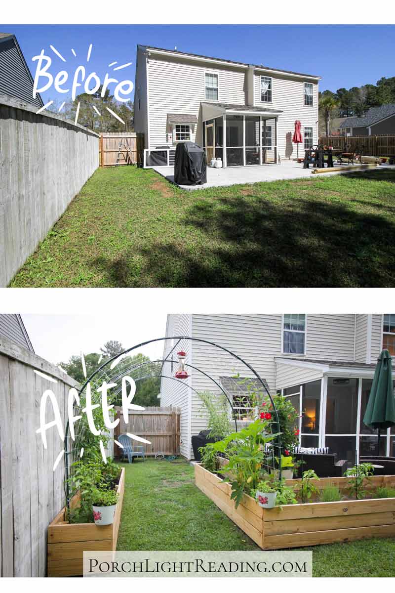 Raised garden bed with trellis archway. Before and after. 