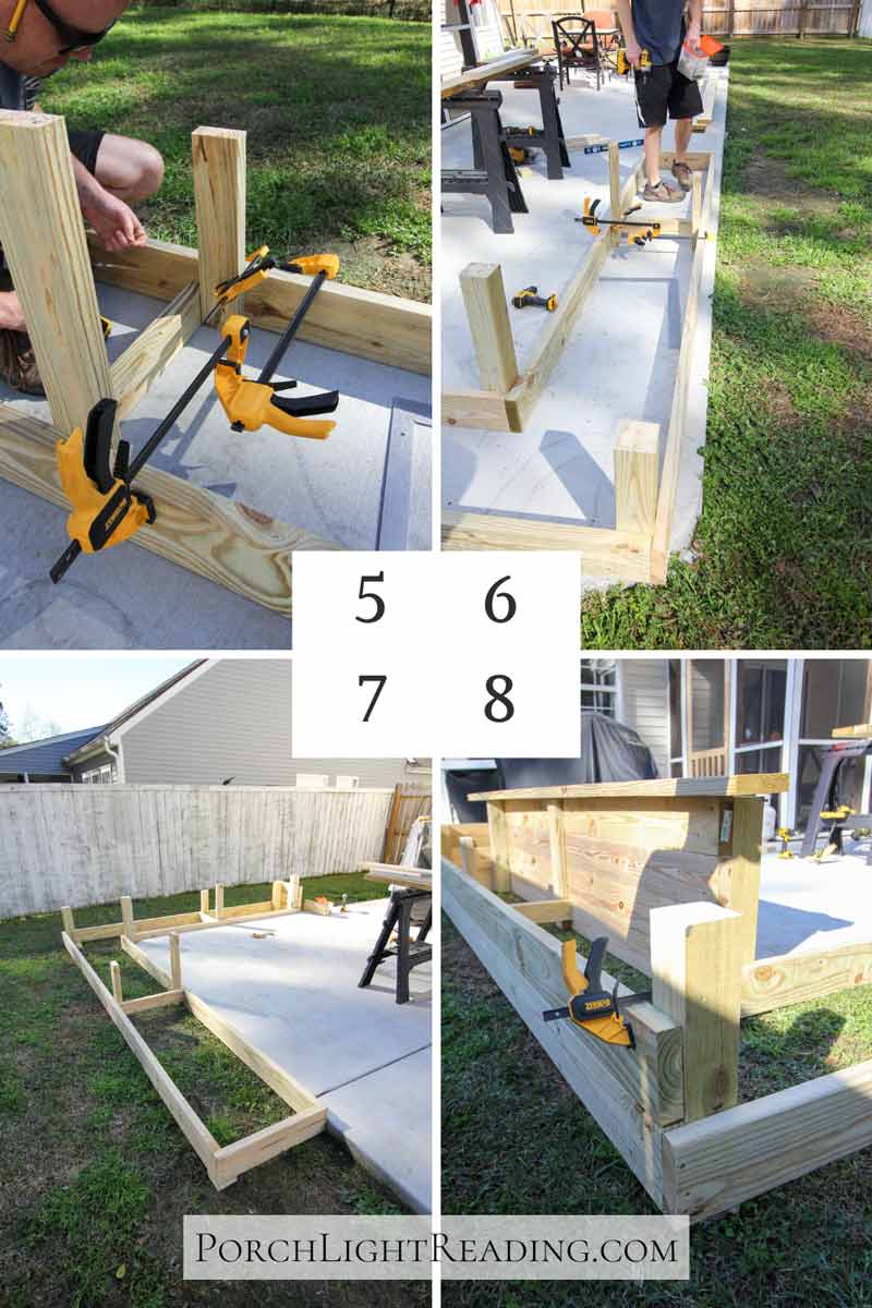 Raised garden bed building guide steps 5-8. Assemble frame. Add corner stakes.