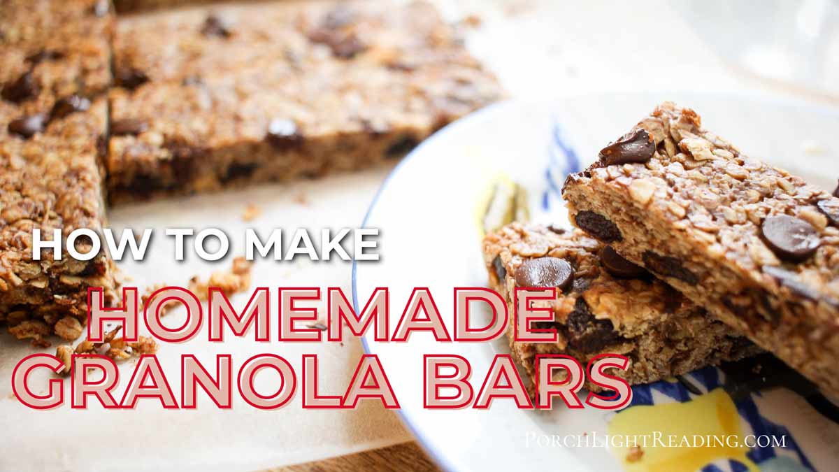 Homemade granola bars on a white and blue plate. 