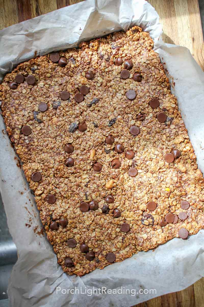 Freshly baked granola bars with chocolate chips. 