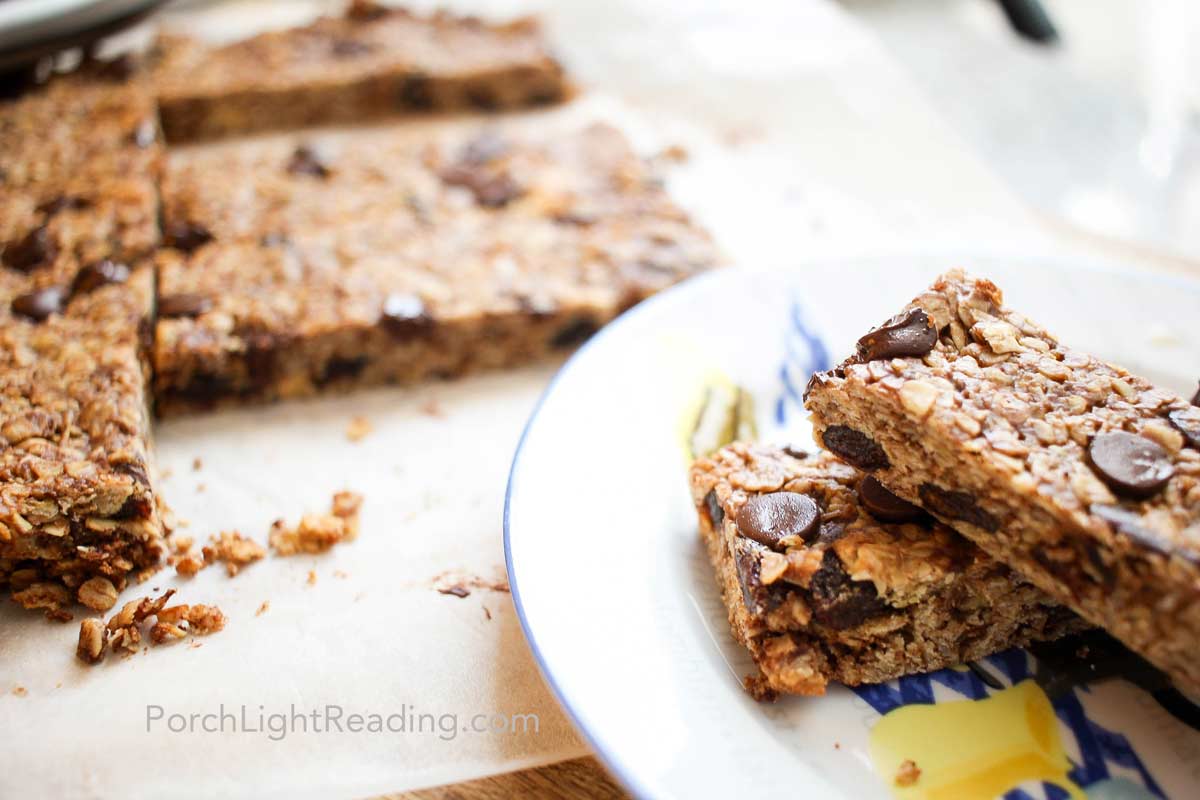 Chocolate chip granola bars sliced for serving. 