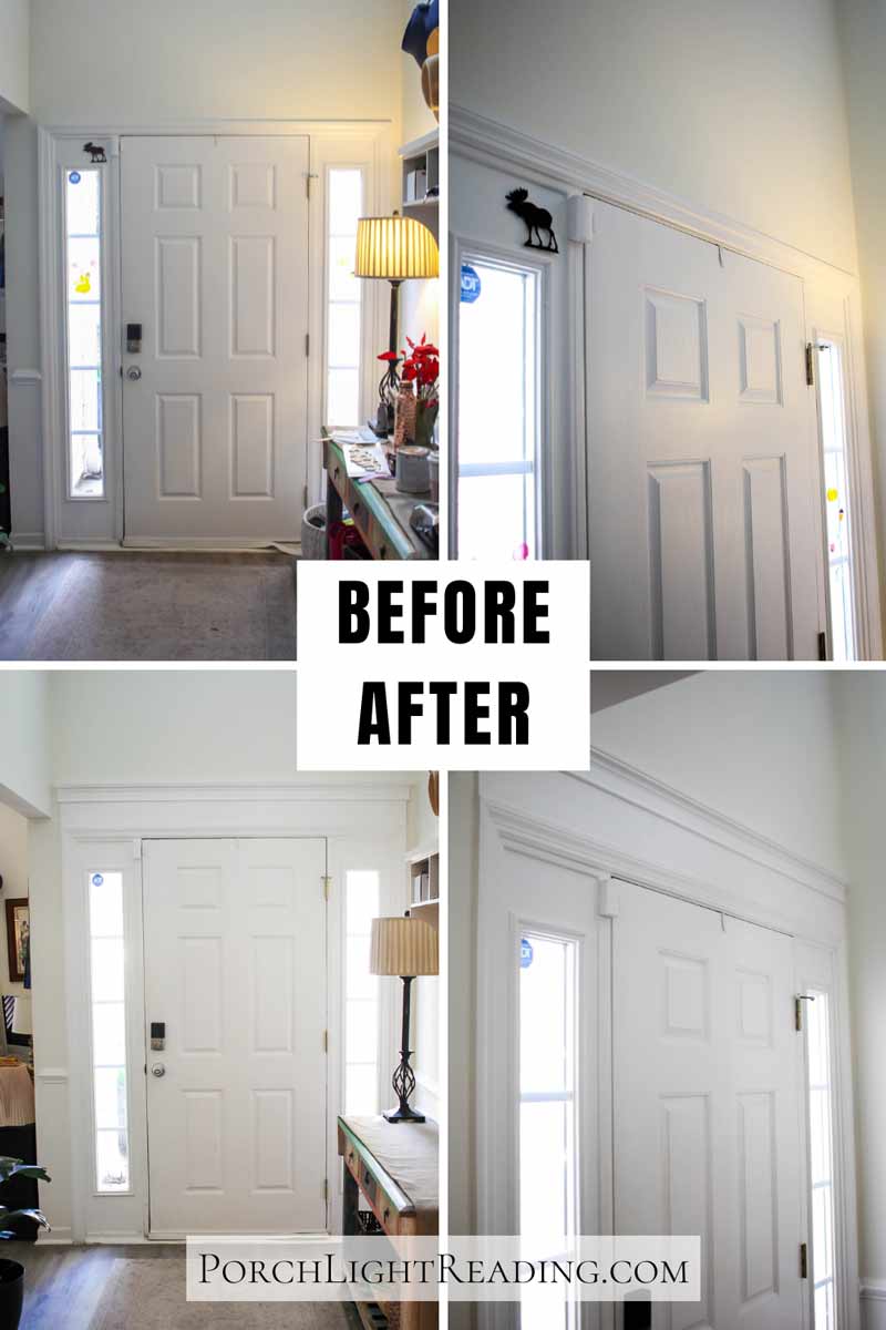 Before and after photos of the front entry with minimal trim and with a seven inch trim and crown molding. 
