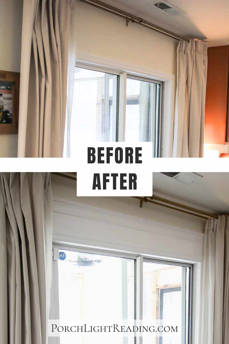 Before and after photos of trim above a sliding glass door. 