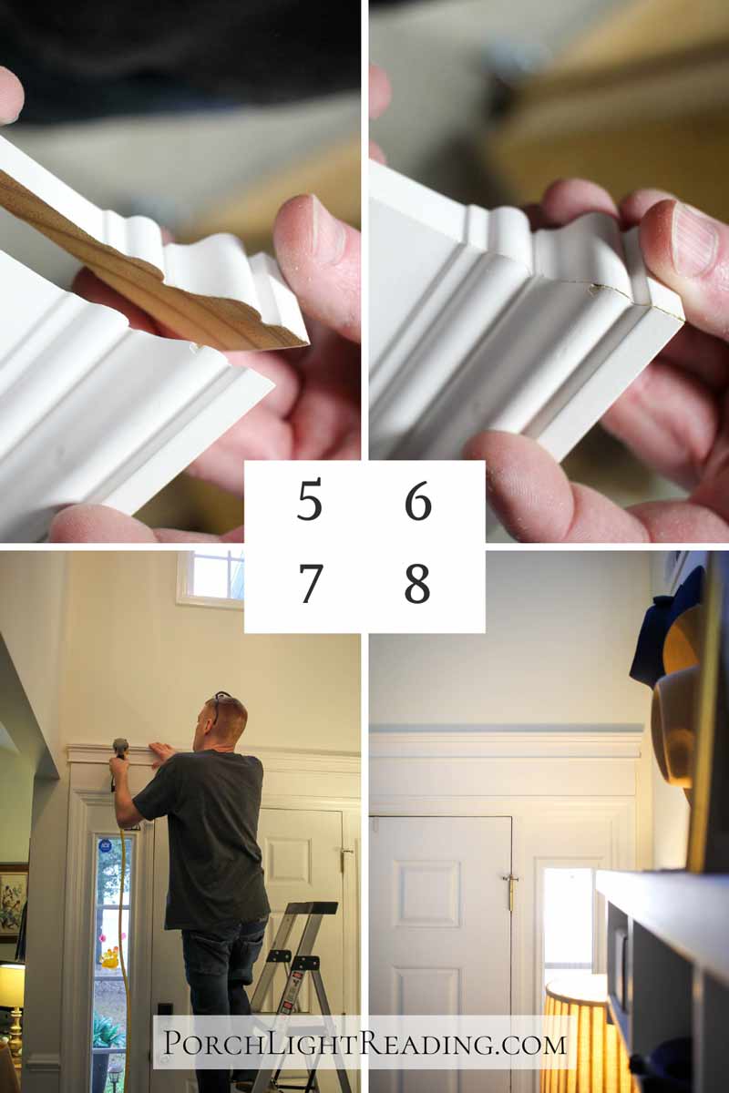 Steps 5-7. Cutting the molding at a 45-degree angle and nailing it in place with a nail gun. 