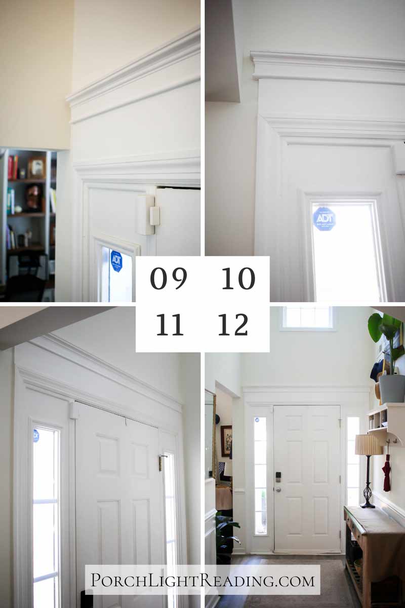 Steps 9-12. Finished product with elegant looking door trim and molding above a white door. 