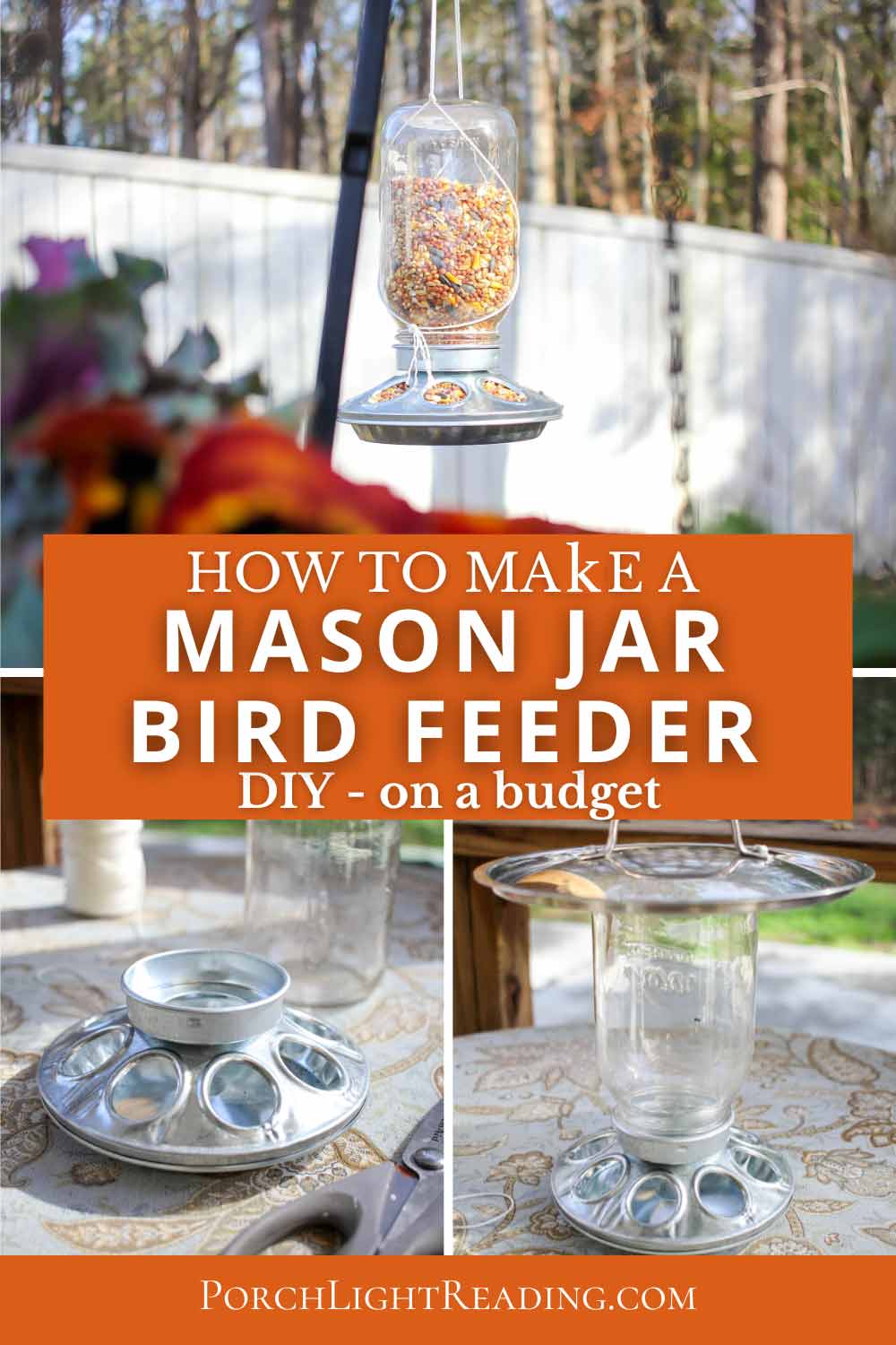 Pinterest pin with glass mason jar and chick feeder as a bird feeder. 