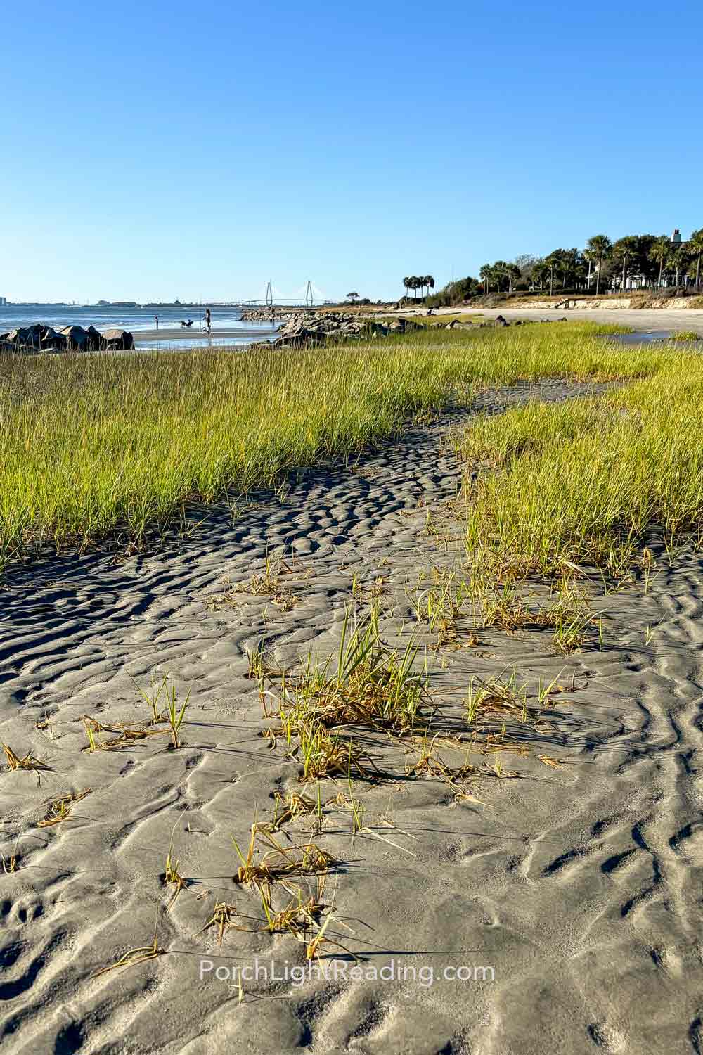 Beach area with green grass overlooking the bridge.