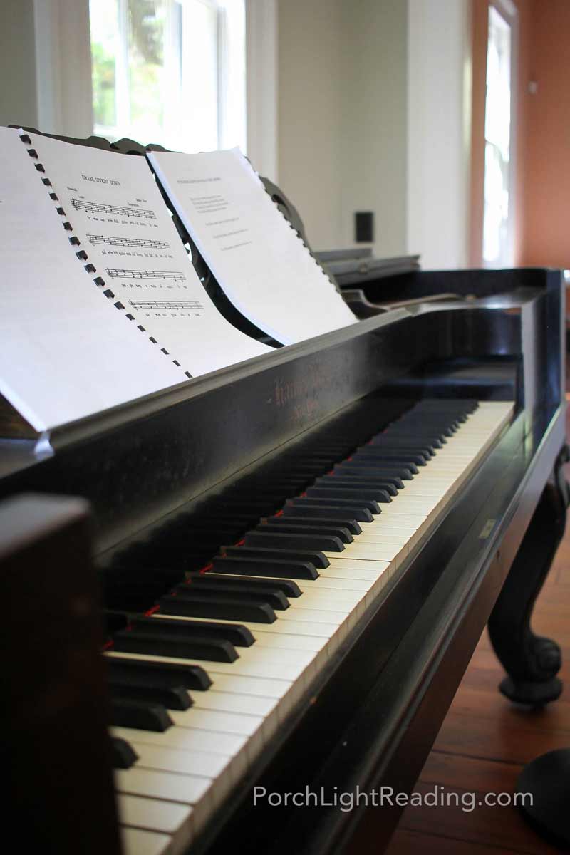 Grand piano with sheet music.