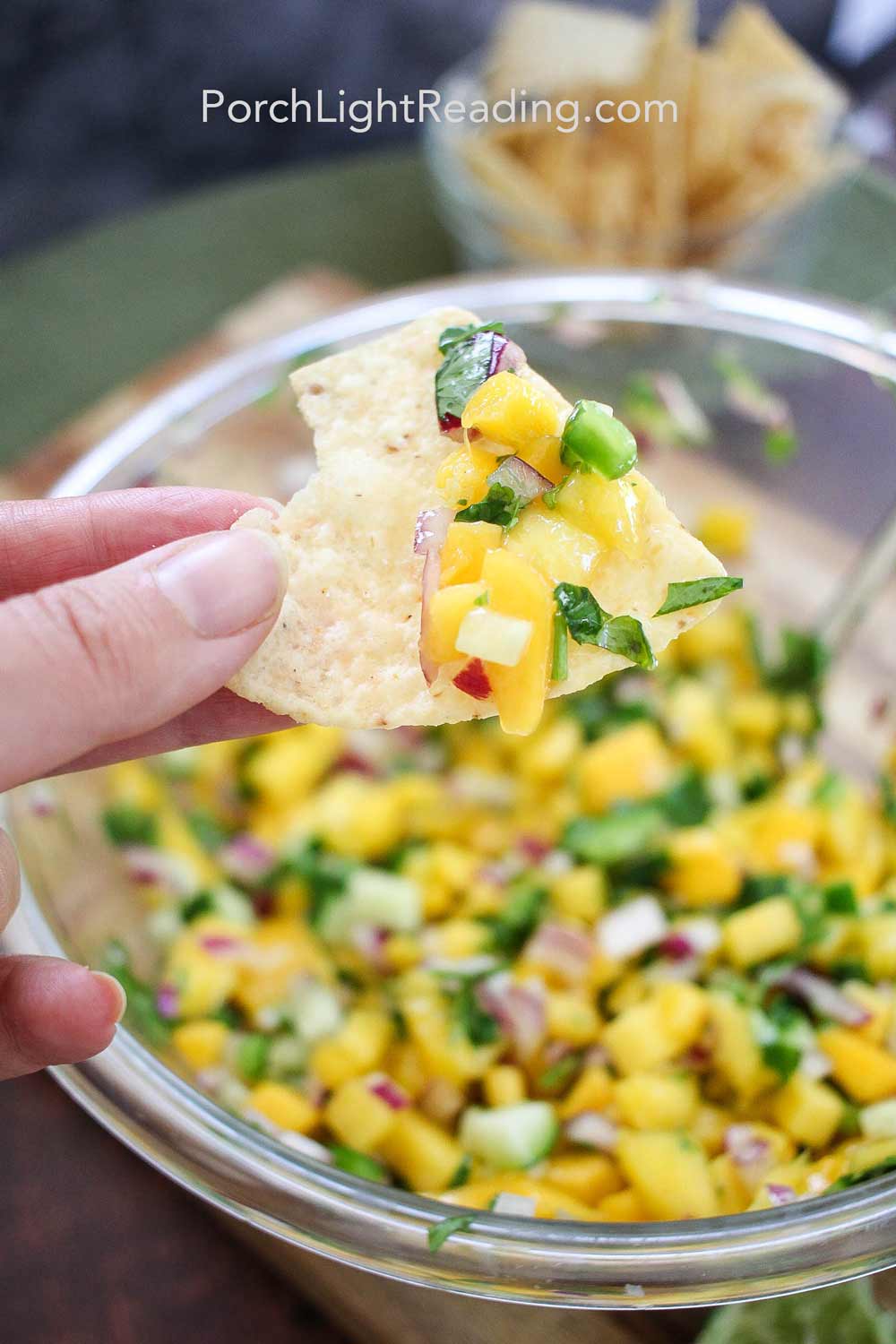 Mango salsa on a tortilla chip.