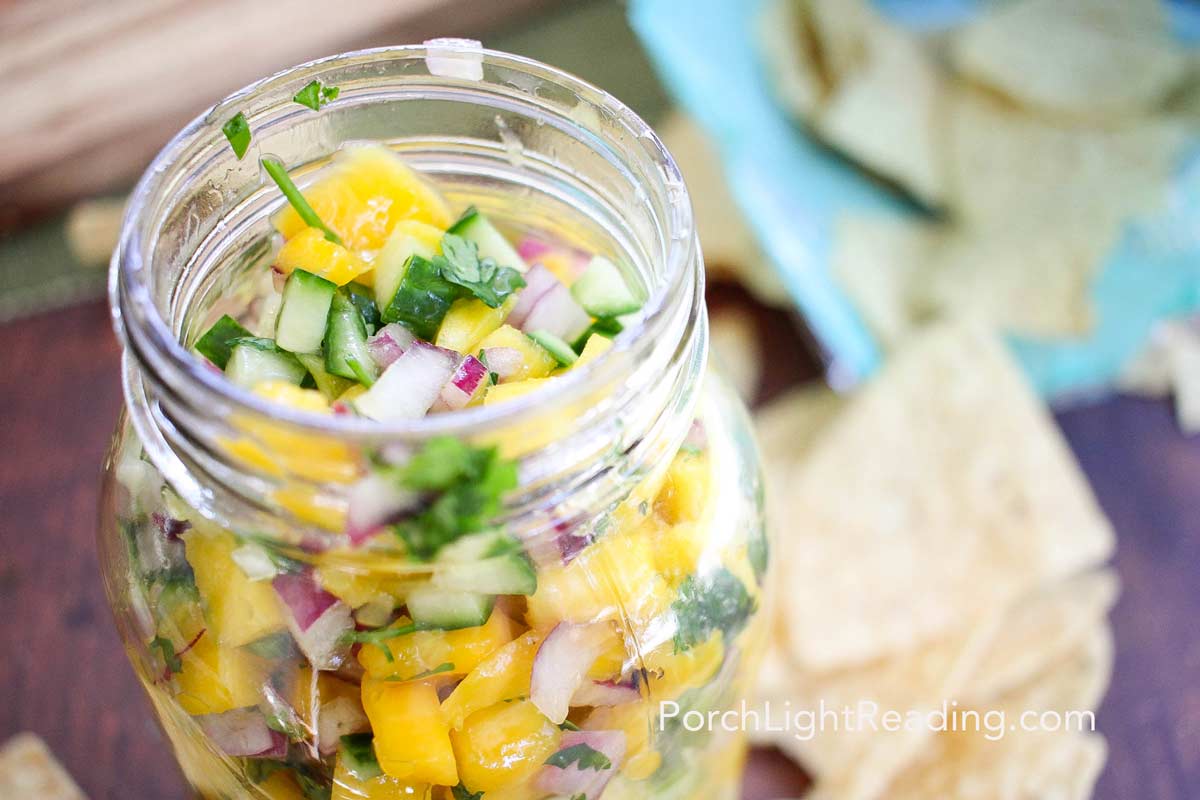Fresh homemade mango salsa with cilantro and red onion.