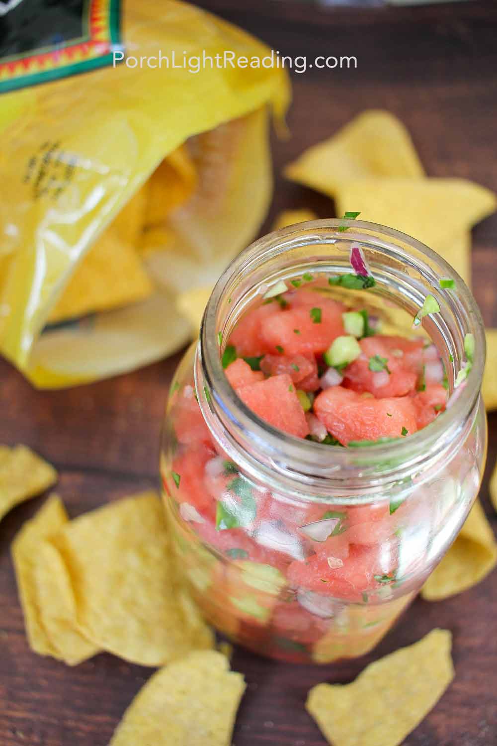 Watermelon salsa in a large mason jar.