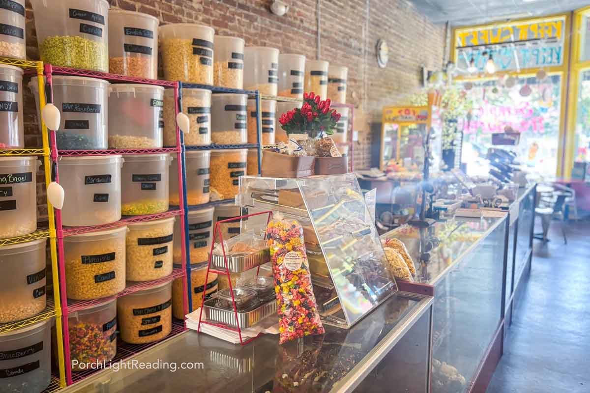 Giant popcorn wall, candy shop, and homemade ice cream at Simply Treasures. 