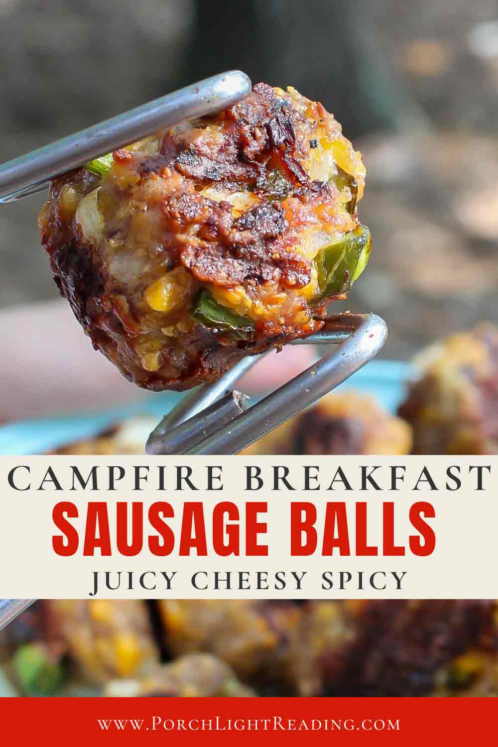 Campfire breakfast sausage balls Pinterest Pin for sharing and saving for later.