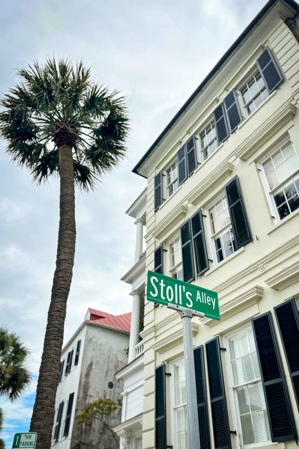Stroll's Alley street sign with tall palmetto tree. 