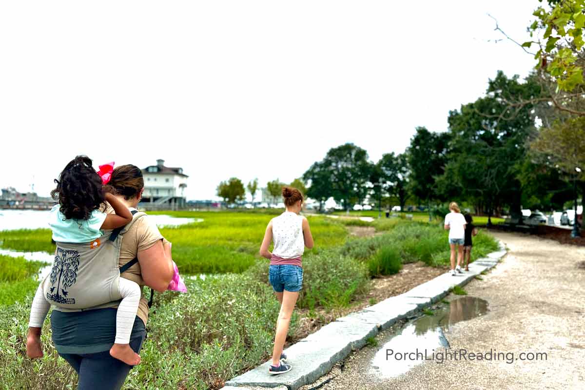 Family walking along Waterfront Park. 