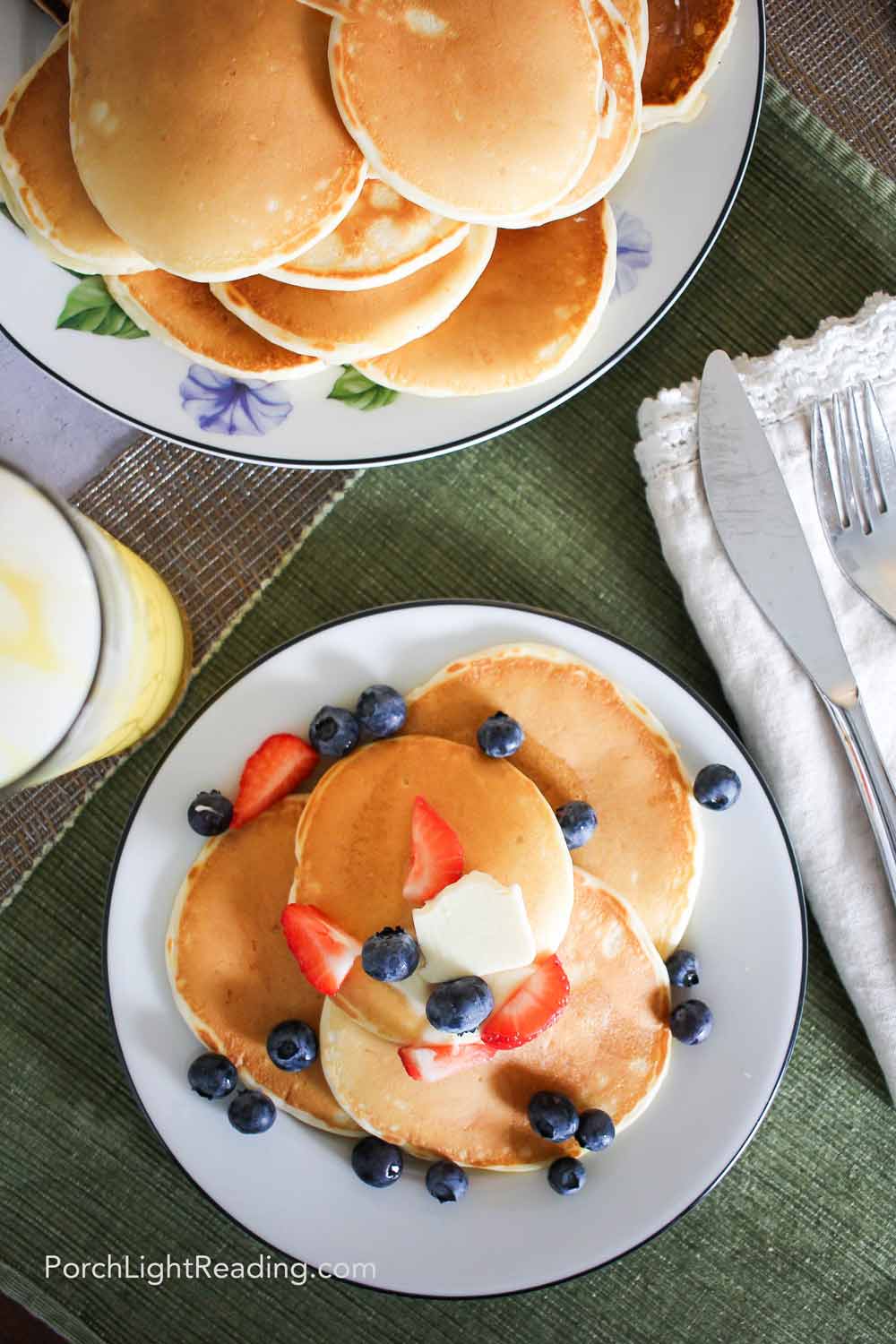 Cream cheese pancakes with strawberries and blueberries. 