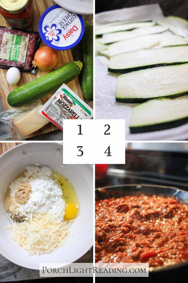 Steps 1-4 in making zucchini lasagna. Ingredients, slicing, cheese filling, and sauce. 