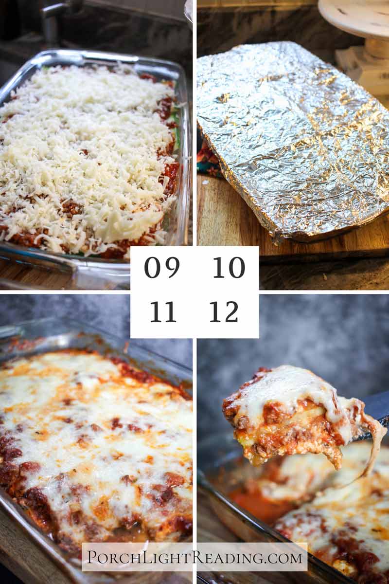 Steps 9-12 of zucchini lasagna. Adding mozzarella cheese, covering with foil, baking, and enjoying! 