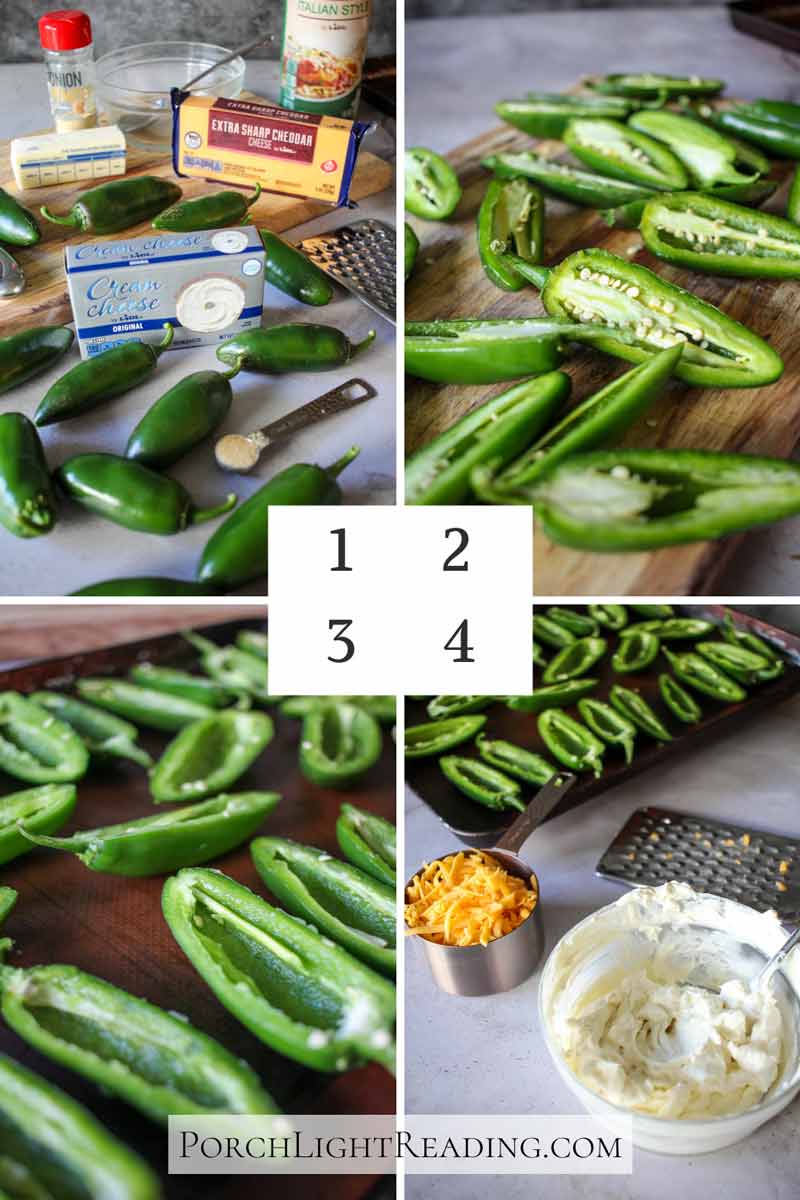 Steps 1-4 of how to make homemade jalapeno poppers. 