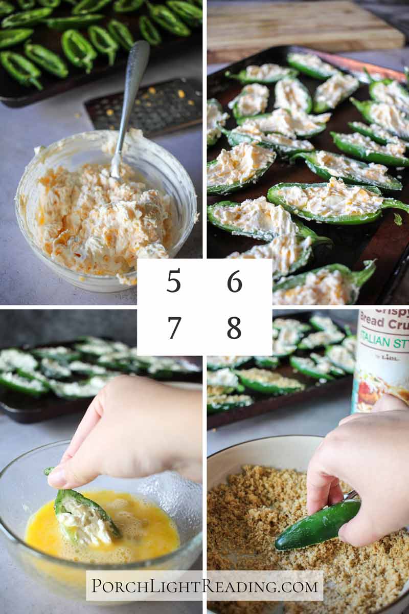 Steps 5-8. Mixing the cream cheese filling and adding a panko crumb topping. 