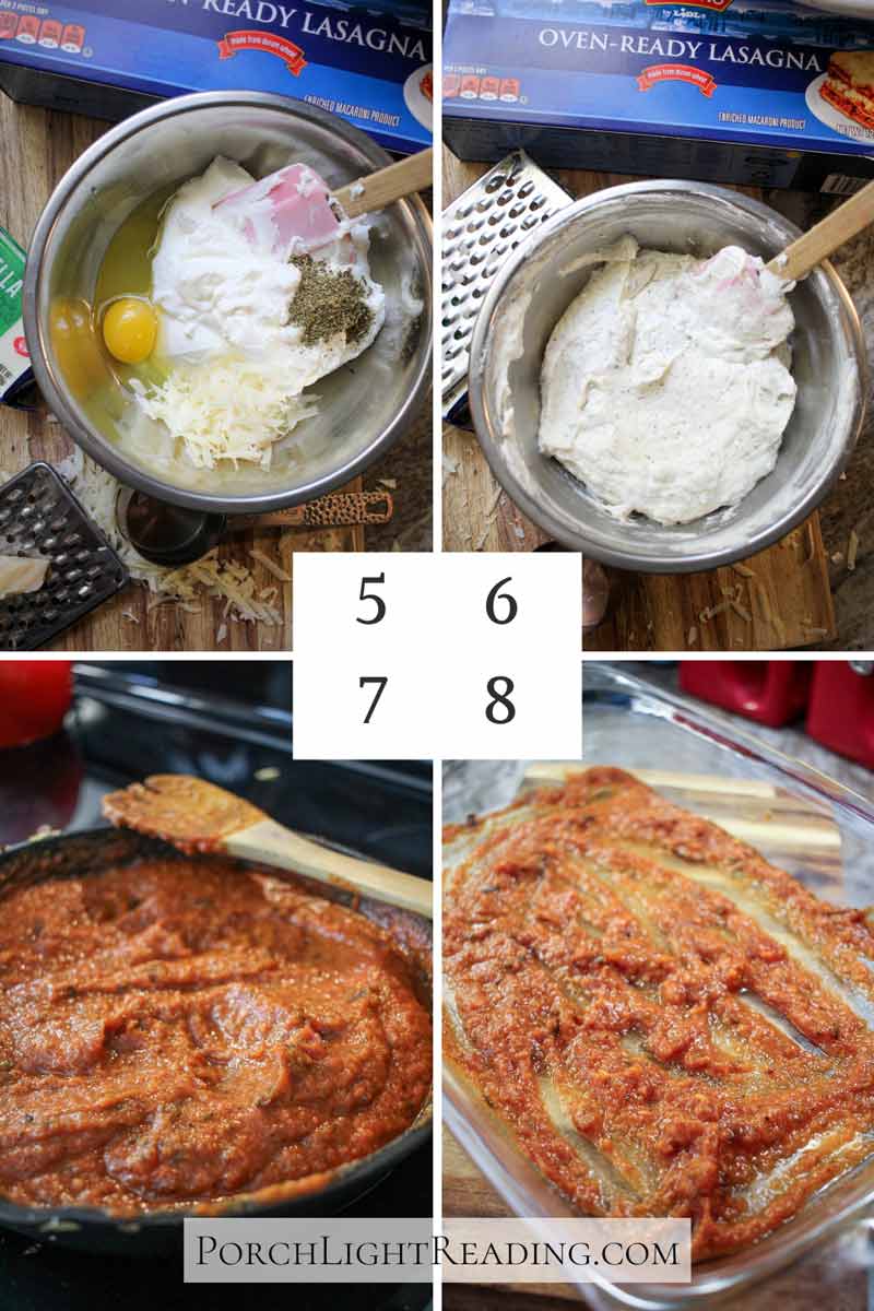 Making the ricotta filling and pasta sauce. 
