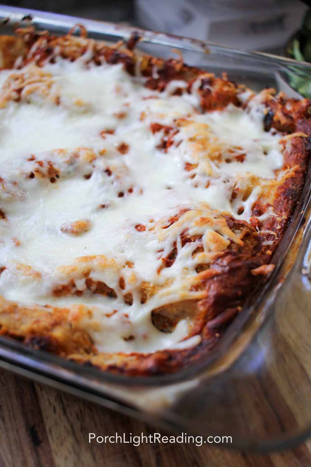 Veggie lasagna in a glass baking dish. 