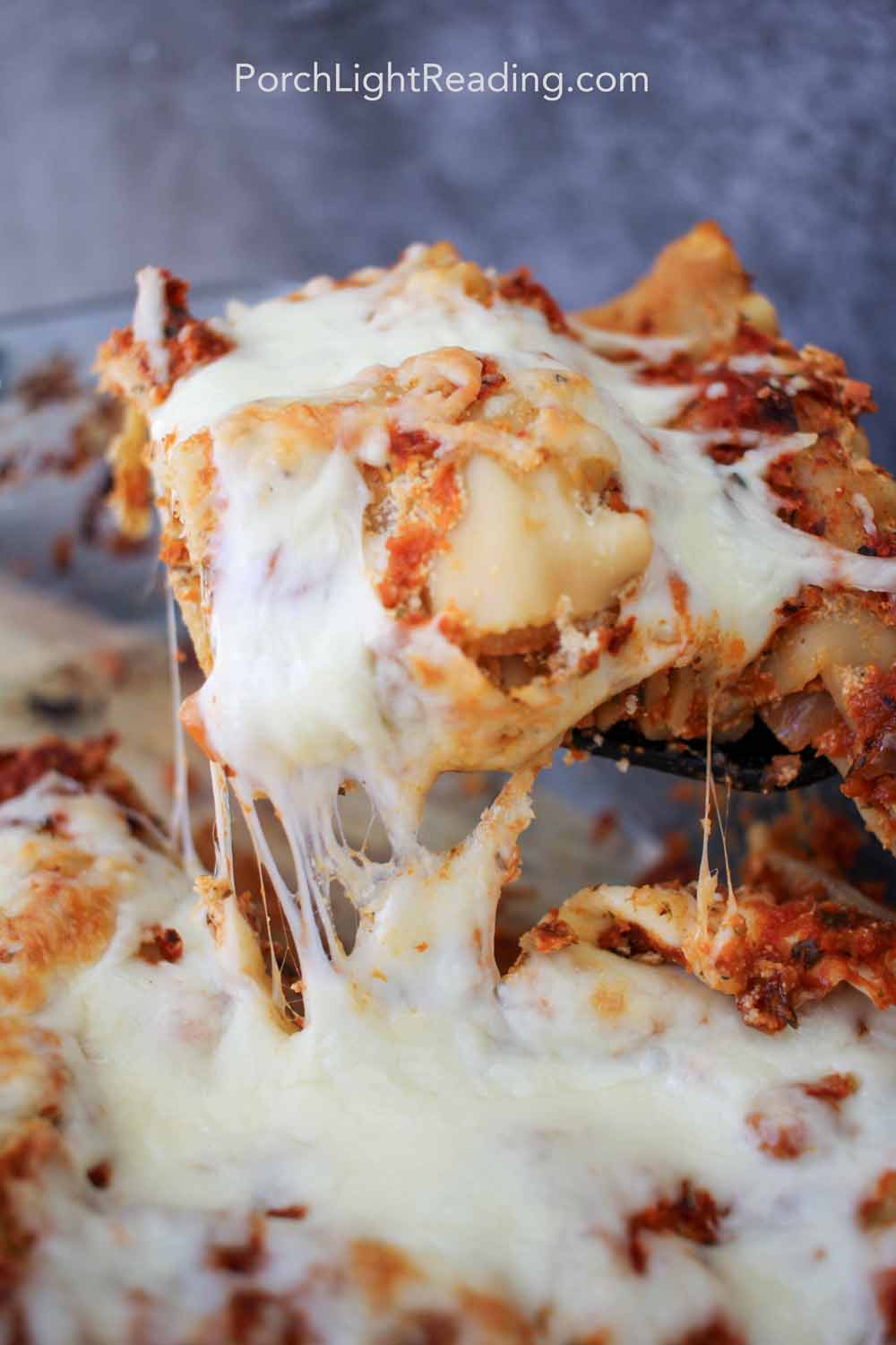 Hidden veggie lasagna with melted cheese and vegetables hidden in the sauce. 