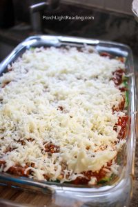 Mozzarella on top of zucchini lasagna.