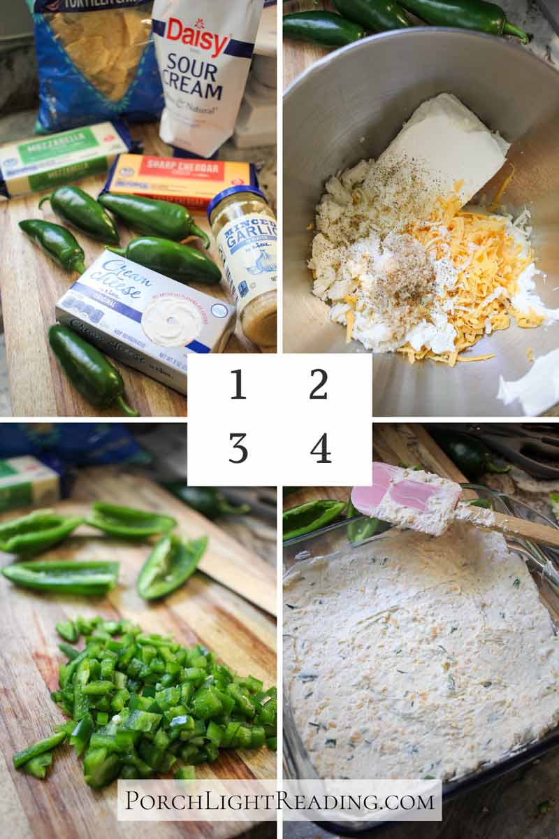 Steps 1-4 of making jalapeno popper dip. 