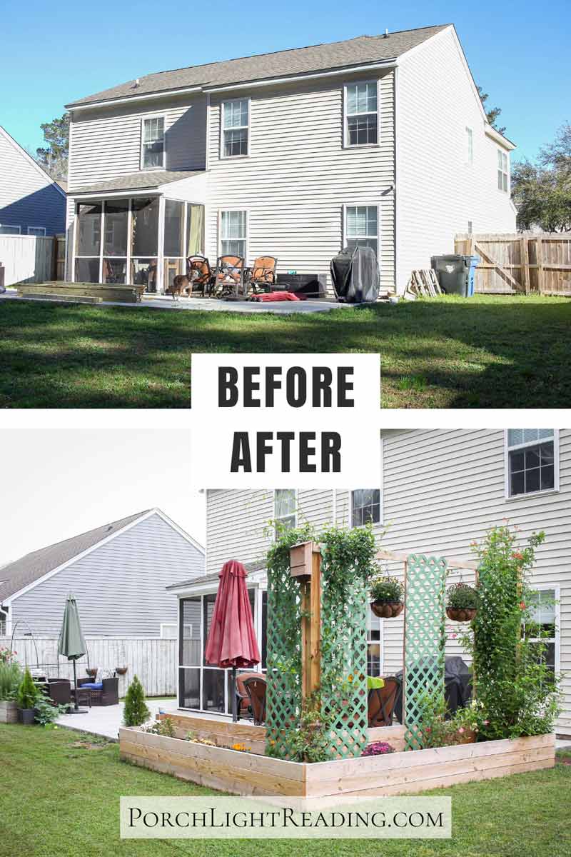 Before and after photo. Two story white house with concrete patio and no shrubbery, to tall privacy trellis with climbing vines and patio divider. 
