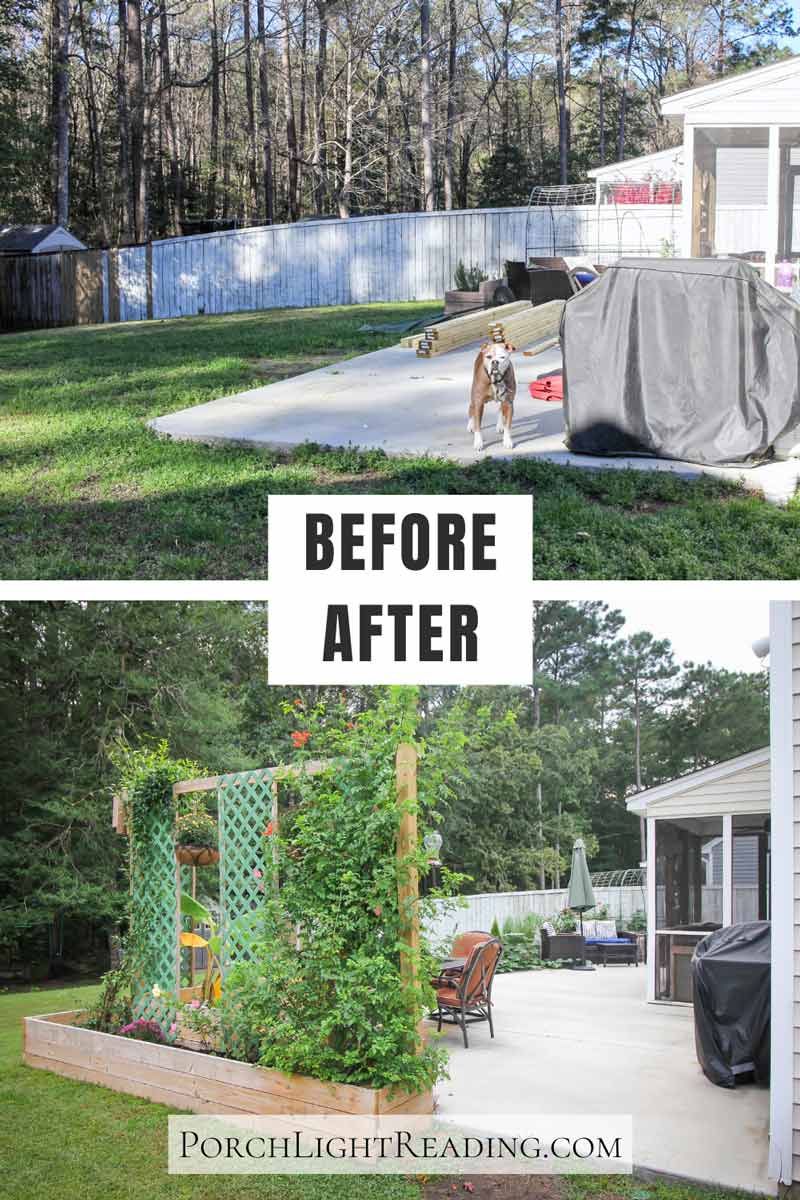 Before and after. Concrete patio with no plants to a raised garden bed with patio divider and privacy trellis with tall shrubs and climbing plants. 
