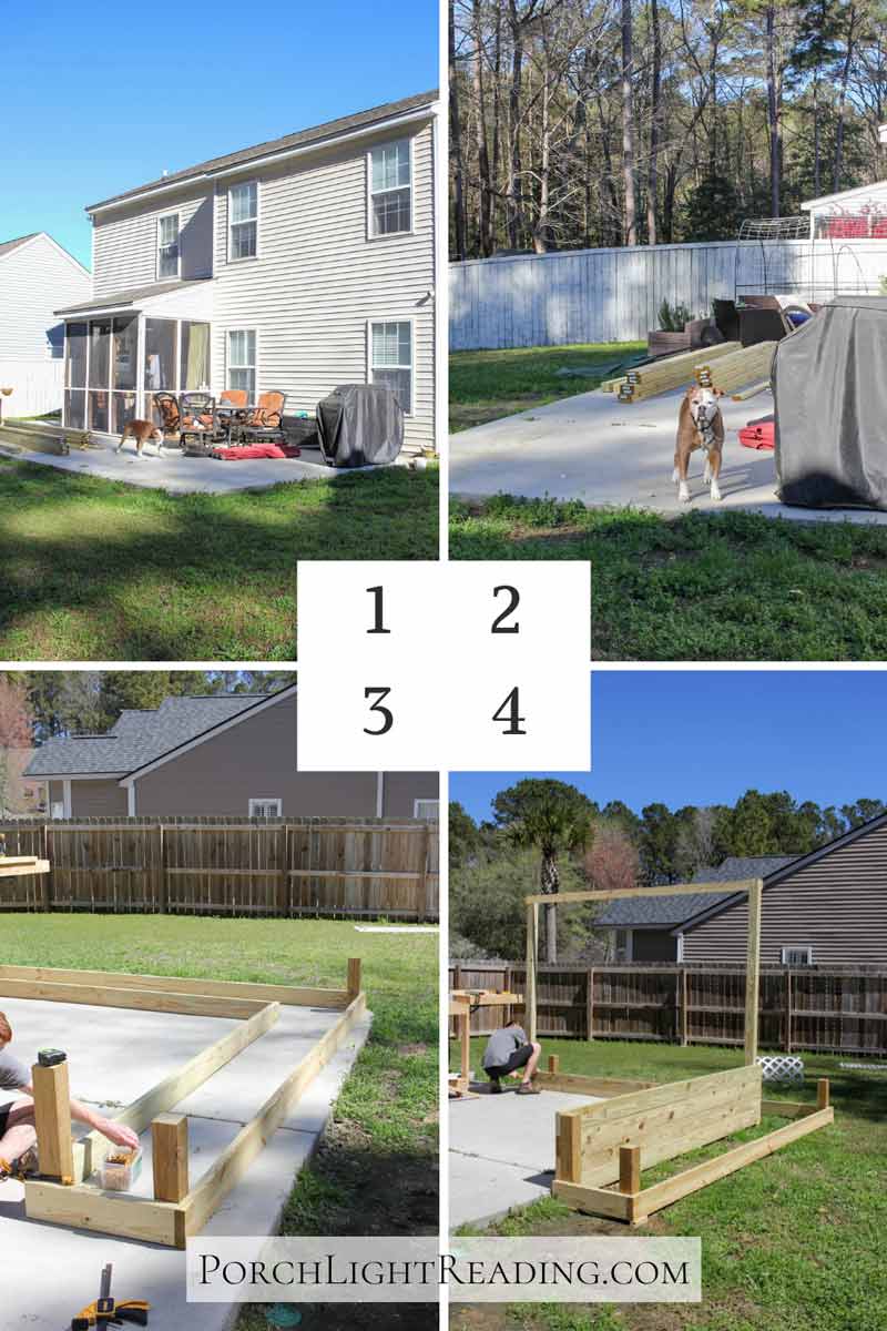 Steps 1-4 of building a raised garden bed and trellis. 