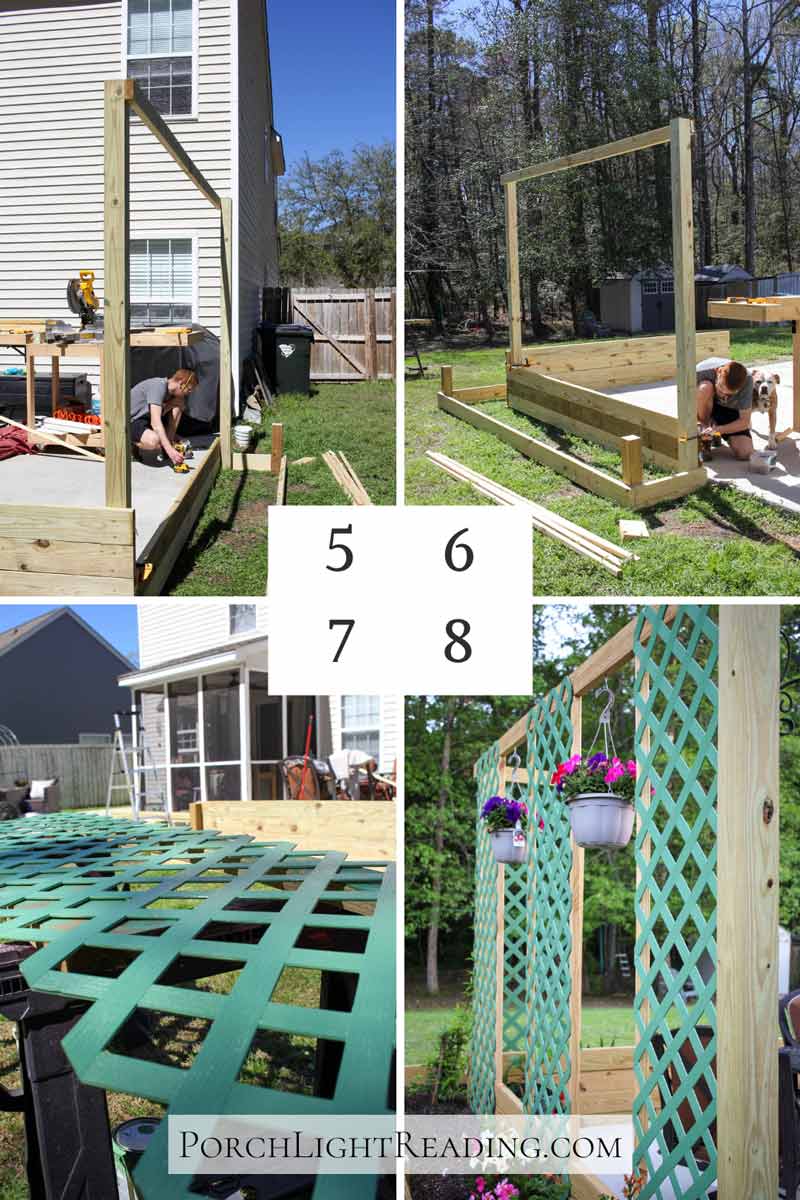 Steps 5-8 of the garden bed and trellis. Building the frame, painting the trellis, and securing the wood. 